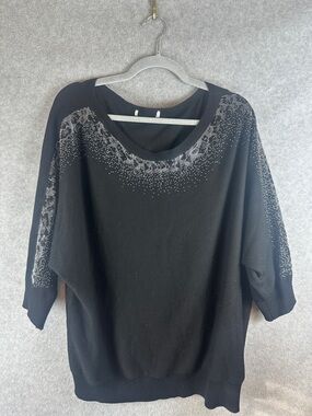 Black Rhinestone-Accent Woman's Plus 1X Dolman Sleeve Pullover Knit Sweater